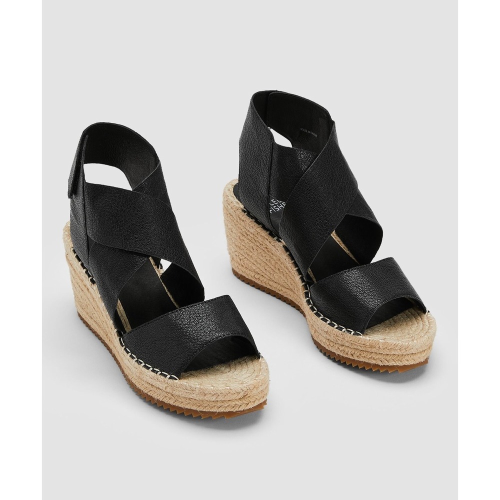 Eileen Fisher Willow Tumbled Leather Wedge Espadrille Women‎ 8 EUC $198 Open toe